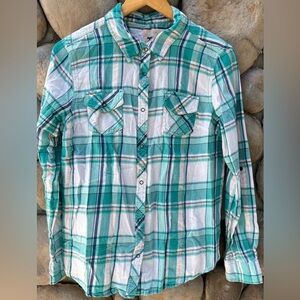 Arizona Jeans Aqua, Blue, Fluorescent Orange & White Plaid Snap-Up Flannel